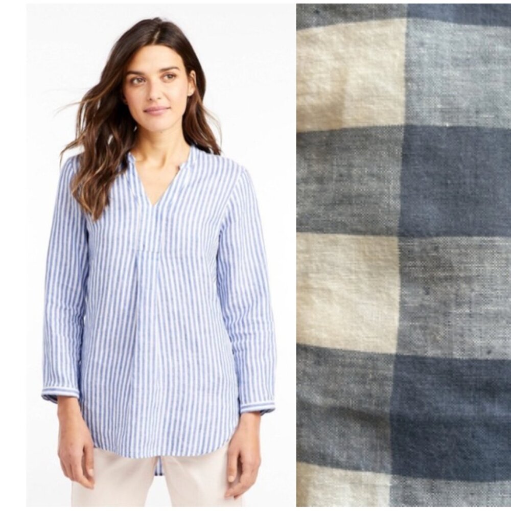 LL Bean 100% linen buffalo plaid tunic top size L